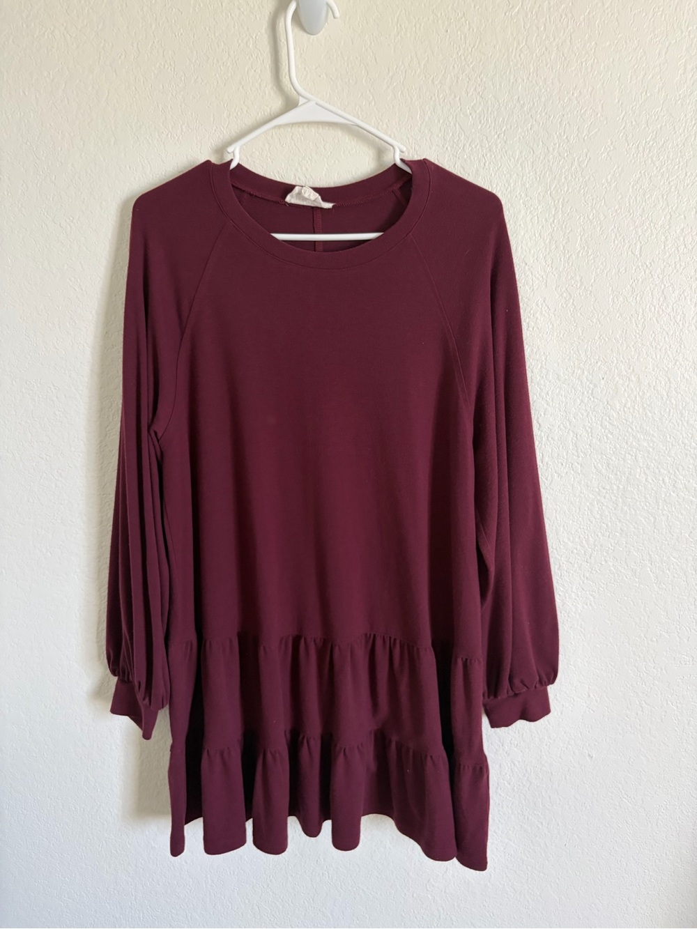 Burgundy Ruffle Hem Long Sleeve Dress